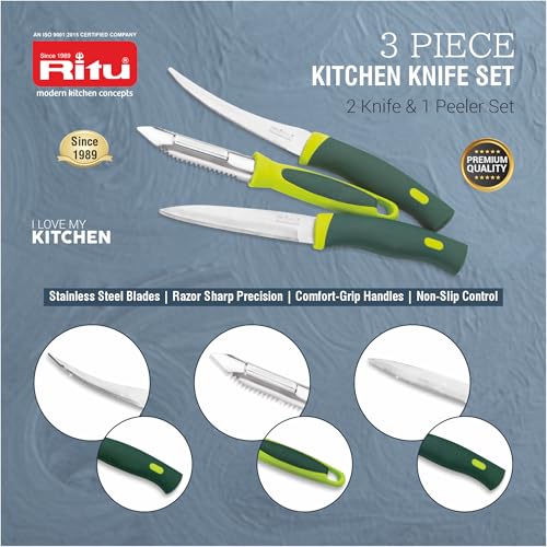 RITU Stainless Steel Kitchen Knife and Peeler Set of 3 Combo | for Daily Use | Sharp Blades Multipurpose Peeling Cutting Tool | Rust -Resistant Durable Blades | Green Ergonomic Handle - Image 4
