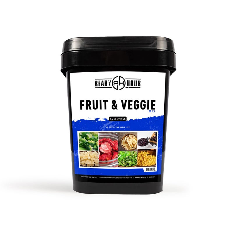 Ready Hour Fruit Veggie Mix NonPerishable FreezeDried Food 30Year Shelf Life Portable Emergency and Adventure Food Supply Durable Flood Safe Container 56 Servings