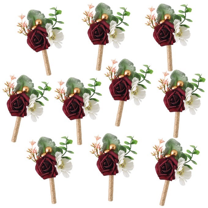 ROSE BOUTONNIERE FOR MEN WITH PINS WEDDING GROOM AND GROOMSMEN CORSAGE ARTIFICIAL WEDDING FLOWERS FOR VINTAGE WEDDING ANNIVERSARY DINNER PARTY PROM SUIT DECORATIONSWINE RED 10 PCS