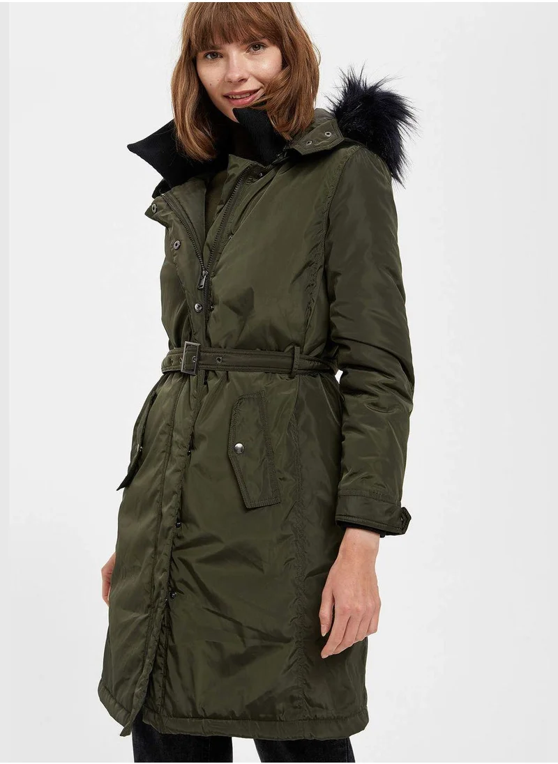 DeFacto Belted Anorak With Faux Fur Hood Detail