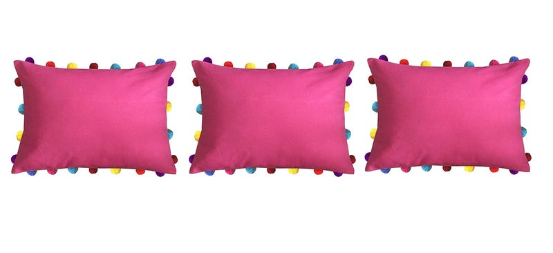 Lushomes Lushomes 3 Piece Raspberry Cushion Cover with Colorful Pom Poms 14 X 20 Pink  - Image 1