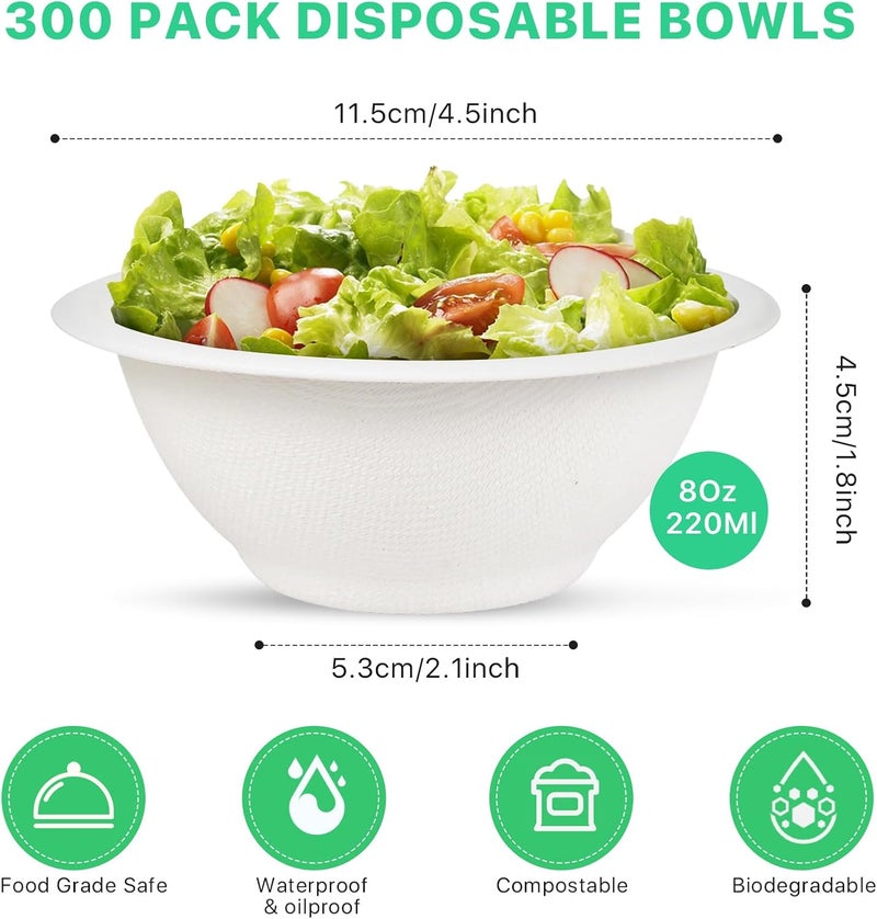 Elesunory 200 Pack Paper Bowls White Disposable Bowls Small Sugar Cane Fibers Party Bowls for Ice Cream Fruits Salad Soup Hot or Cold Use Catering Picnics Camping and Restaurant Supplies (8 oz) - Image 3