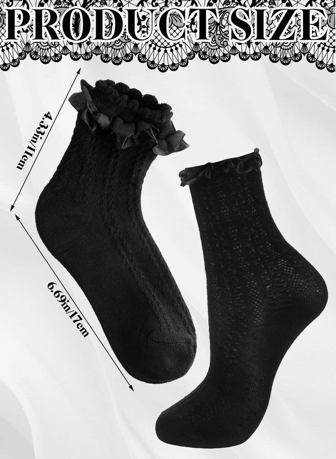 جوارب نسائية قصيرة مكشكشة من فورلوو - 6 أزواج - جوارب دانتيل وكشكشة لطيفة، رقيقة، مريحة، وعصرية (أسود، مقاسات 5-9، مزينة بفيونكة) - Image 3