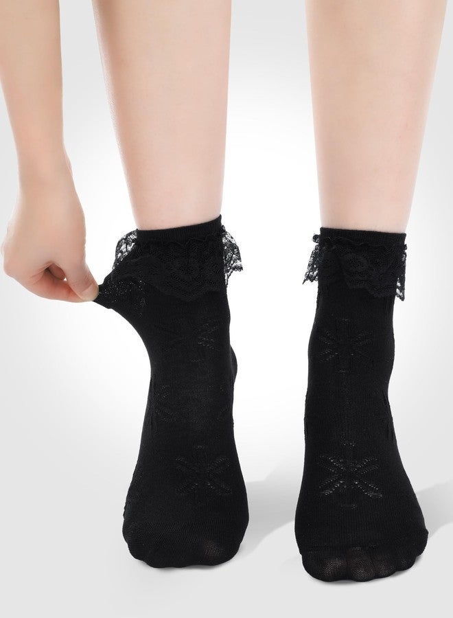 جوارب نسائية قصيرة مكشكشة من فورلوو - 6 أزواج - جوارب دانتيل وكشكشة لطيفة، رقيقة، مريحة، وعصرية (أسود، مقاسات 5-9، مزينة بفيونكة) - Image 2