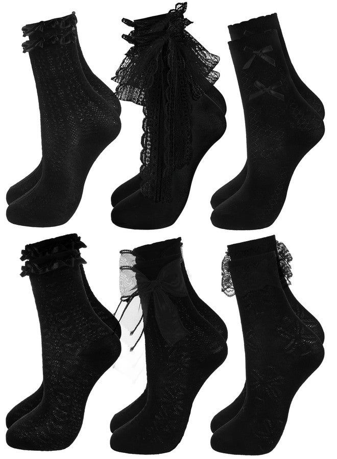 جوارب نسائية قصيرة مكشكشة من فورلوو - 6 أزواج - جوارب دانتيل وكشكشة لطيفة، رقيقة، مريحة، وعصرية (أسود، مقاسات 5-9، مزينة بفيونكة) - Image 1