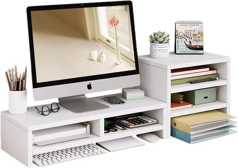 Ketumal Bamboo Monitor Stand Riser,2 Tiers Computer Stand with Storage Shelf | Printer,PC,Save Space Laptop Desk for Home and Office (MS (white) 6 Box) - Image 1