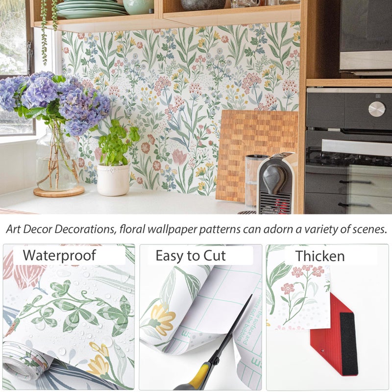 Lativo Modern Floral Peel and Stick Wallpaper 78.7inL17.3inW Boho Flower Botanical Self Adhesive Remoavble Wallpaper for Bedroom Bathroom Waterproof Nursery Kids Green Leaf Contact Paper for Cabinets - Image 2