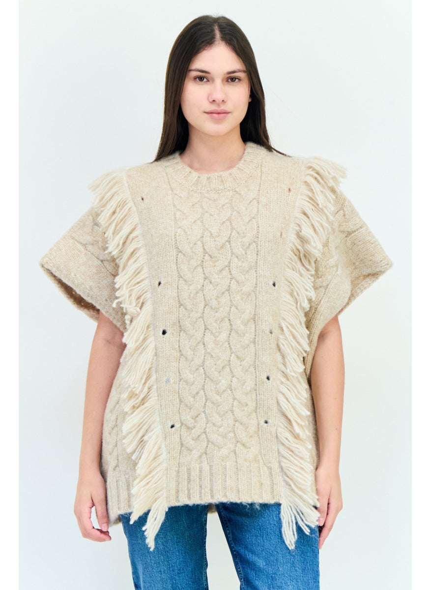 Aerie Women Ribbed Neck Knitted Sweater, Beige  - Image 1