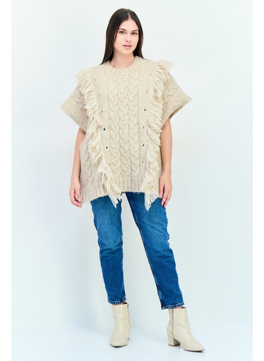 Aerie Women Ribbed Neck Knitted Sweater, Beige  - Image 4