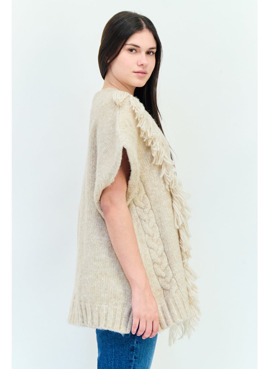 Aerie Women Ribbed Neck Knitted Sweater, Beige  - Image 3
