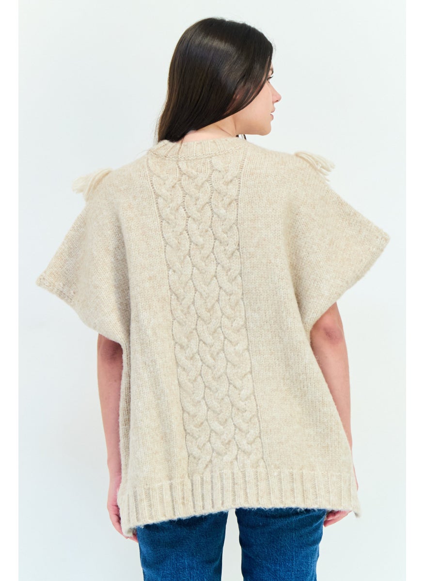 Aerie Women Ribbed Neck Knitted Sweater, Beige  - Image 2