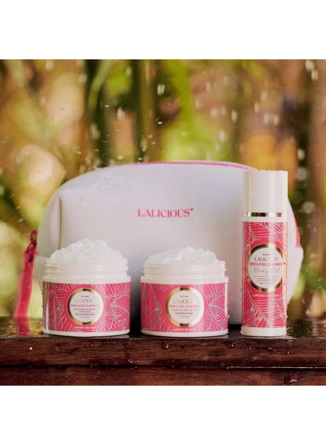 LALICIOUS Endless Summer Travel Body Care Set Includes Gentle Body Exfoliator & Sugar Scrub + Hydrating Whipped Body Butter + Moisturizing Body Oil Glowing Skin Essentials Body Care Kit - Image 2