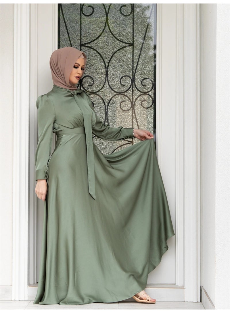 Muslim Satin Maxi Dress with Flared Hem and Tie Neck - Image 1