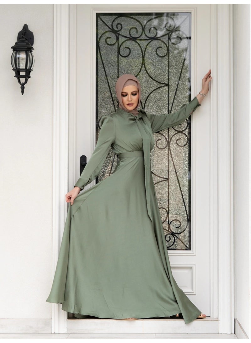 Muslim Satin Maxi Dress with Flared Hem and Tie Neck - Image 2