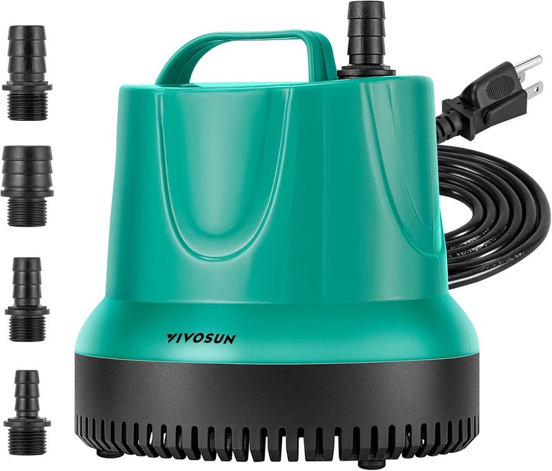VIVOSUN 850GPH 60W Submersible Pump for Fish Tank, Pond, Aquarium, Hydroponic Systems with 5ft Power Cord and 4 Nozzles Blue - Image 1