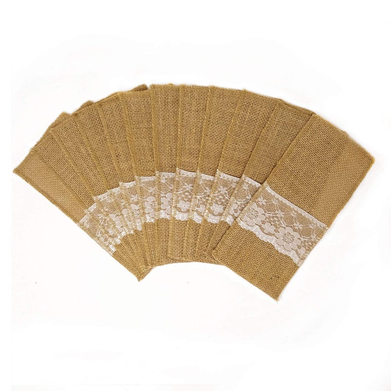 Honbay 12PCS Burlap Lace Knifes Forks Napkin Silverware Bags Utensil Cutlery Holders for Party Wedding 8 x 4 Inch