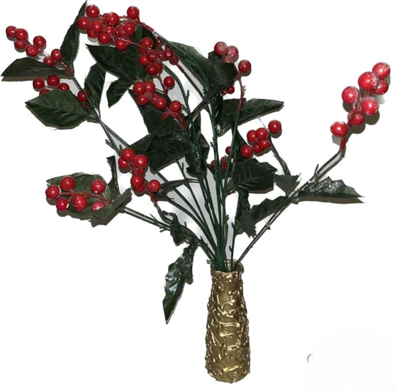 رذاذ التوت الهولي الاصطناعي بأوراق خضراء داكنة، ديكور عطلة عيد الميلاد، توت أحمر، قاعدة ذهبية، تنسيق موسمي شتوي