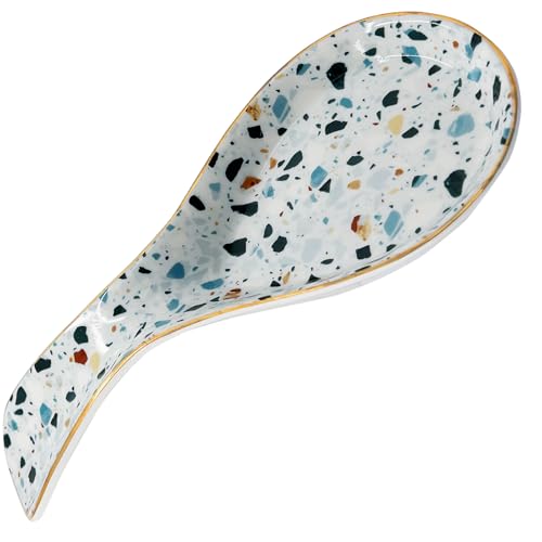 LEAZUL Ceramic Large Spoon Rest for Stove Top Spoon Holder Farmhouse Spoon Rest for Kitchen Counter Blue Terrazzo Marble Print Coffee Cooking Utensil Tools Rest Modern Kitchen Decor - Image 2
