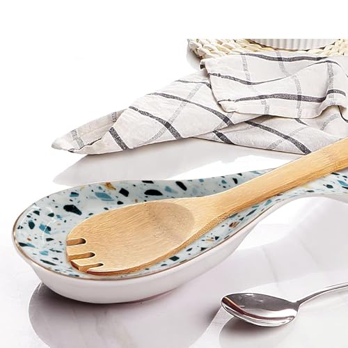 LEAZUL Ceramic Large Spoon Rest for Stove Top Spoon Holder Farmhouse Spoon Rest for Kitchen Counter Blue Terrazzo Marble Print Coffee Cooking Utensil Tools Rest Modern Kitchen Decor - Image 3