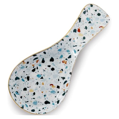 LEAZUL Ceramic Large Spoon Rest for Stove Top Spoon Holder Farmhouse Spoon Rest for Kitchen Counter Blue Terrazzo Marble Print Coffee Cooking Utensil Tools Rest Modern Kitchen Decor - Image 1