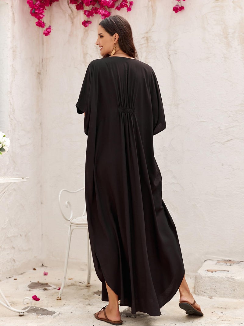 Moss Rose Kaftan Dresses for Women V Neck Summer Swimsuit Cover up Caftan Maxi Beach Dresses C-Black - Image 2