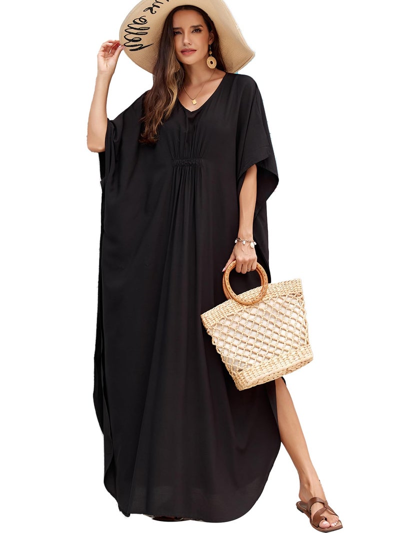 Moss Rose Kaftan Dresses for Women V Neck Summer Swimsuit Cover up Caftan Maxi Beach Dresses C-Black - Image 1