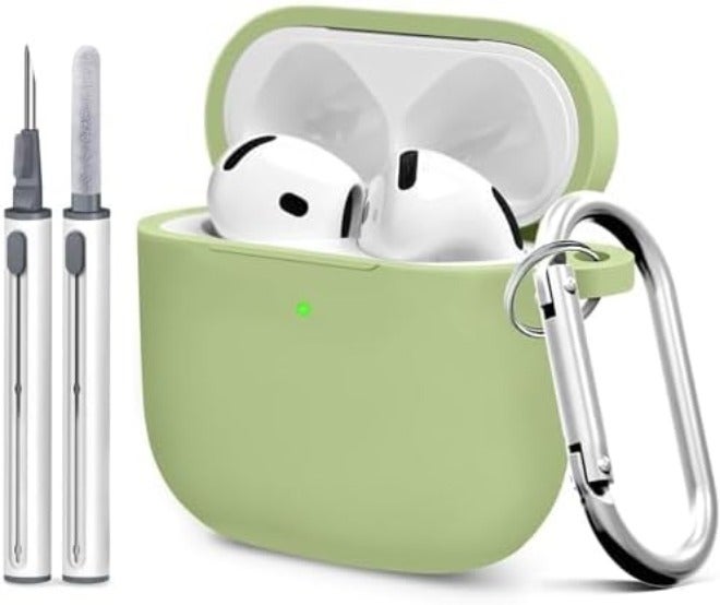غطاء سيليكون لحافظة AirPods الجيل الرابع، جلد ناعم، حماية كاملة، سلسلة مفاتيح، عدة تنظيف (حليب الشاي) - Image 1