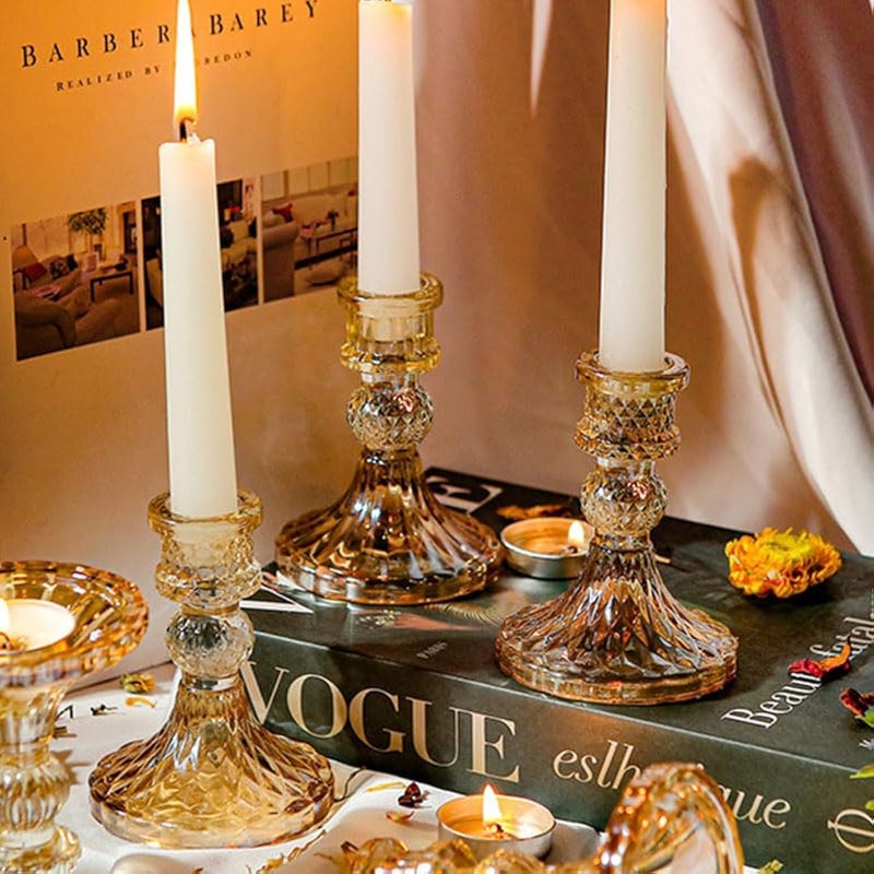 Crystal Glass Candlestick Holder Taper and Pillar Candle Holder Desktop Decoration for Wedding Dinning Party3 pcs