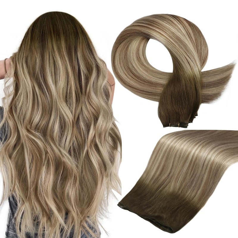 Full Shine Weft Hair Extensions Human Hair Sew In Hand Tied Weft Extensions Sew In Extensions Remy Hair Thick Ends Chocolate Brown With Light Blonde Highlights Walnut Brown 3822 60G 22 Inch