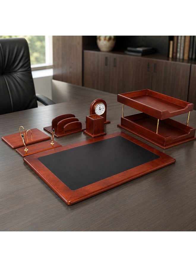 طقم مكتب تنفيذي فاخر متعدد القطع بتصميم خشبي بني مع منظم مستندات وساعة وحامل أقلام - Image 2