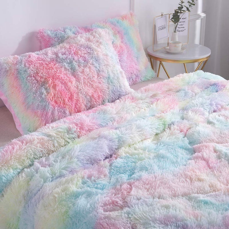 Wajade Faux Fur Plush Rainbow Comforter Set Fluffy Fuzzy Shaggy Bedding Set - 3PC Full Size Microfiber Soft Warm Quilt Set - Image 3