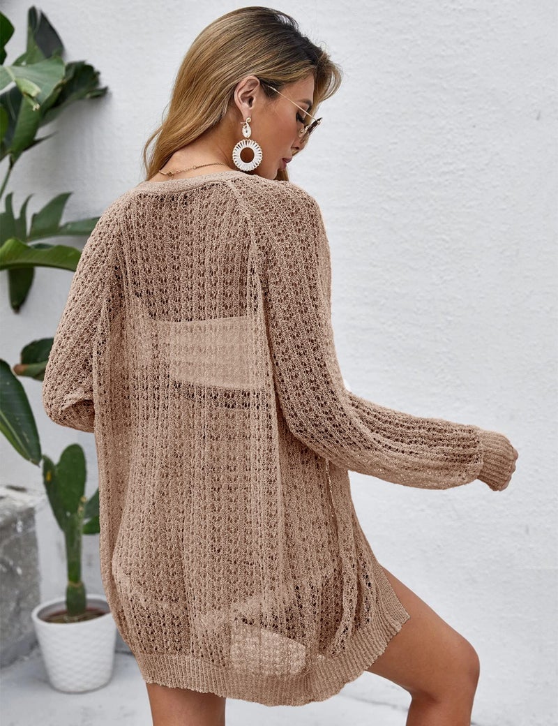 XuBa Women Crochet Lightweight Cardigan Cover Up Open Front Long Sleeve Summer Cardigans Camel - Image 4