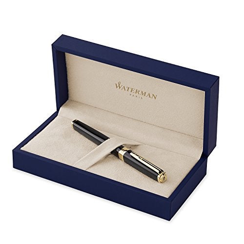Waterman Exception Fountain Pen, Slim Black with 23k Gold Clip, Medium Nib with Blue Ink Cartridge, Gift Box - Image 1