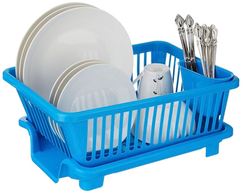 Raawan 3 in 1 Medium Durable Plastic Kitchen Sink Dish Rack Drainer Drying Rack Washing Basket with Tray for Kitchen, Dish Rack Organizers, Utensils Tools Cutlery (Blue) - Image 2