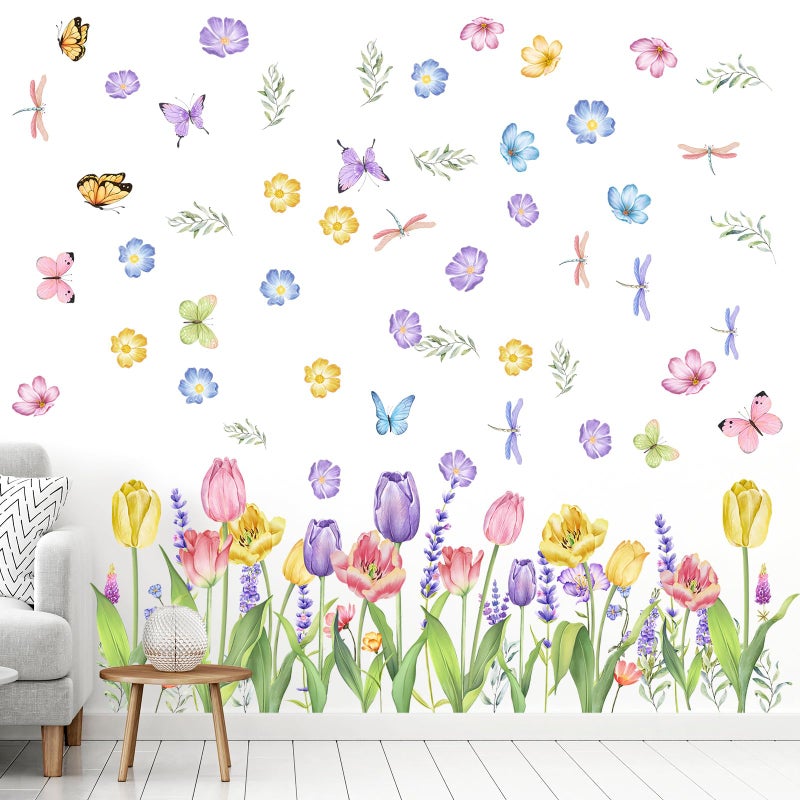 Eersida 6 Sheets Spring Wall Stickers Flower Decals Lavender Tulip Butterfly Spring Flower Wall Clings Art Garden Decorations for Living Room Bedroom Home - Image 1