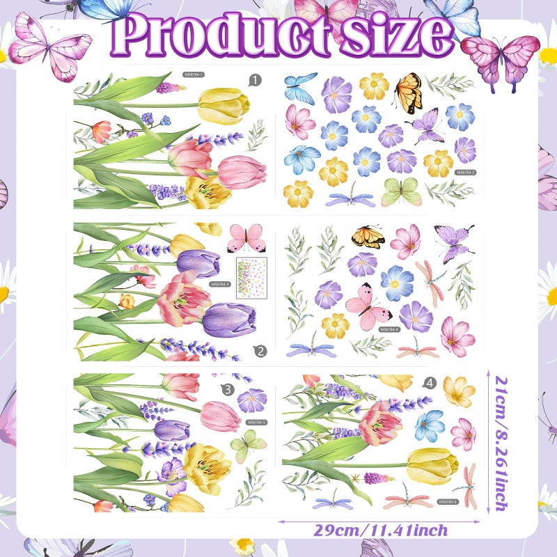 Eersida 6 Sheets Spring Wall Stickers Flower Decals Lavender Tulip Butterfly Spring Flower Wall Clings Art Garden Decorations for Living Room Bedroom Home - Image 2