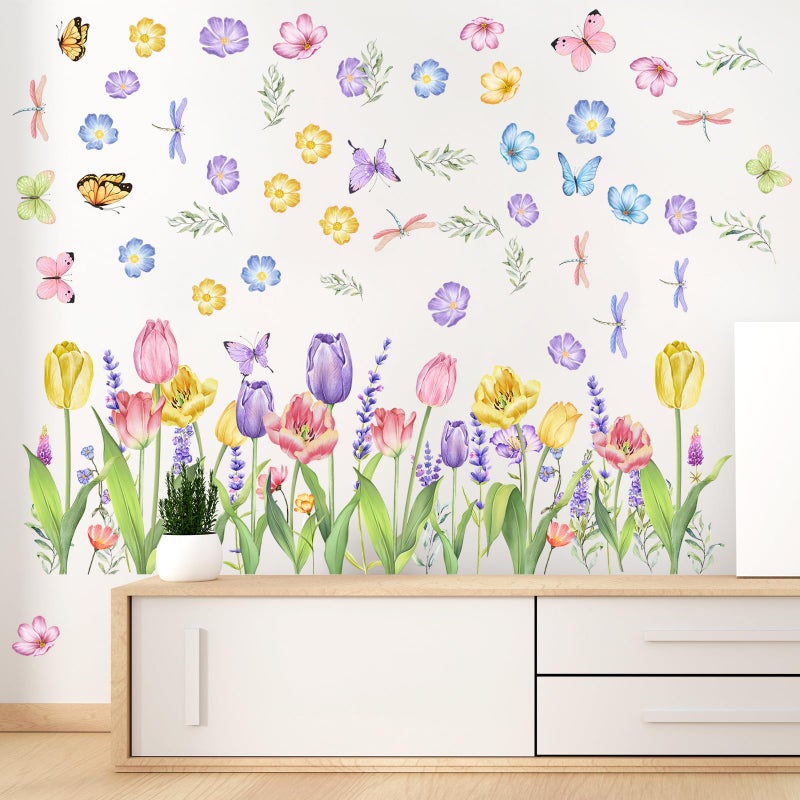 Eersida 6 Sheets Spring Wall Stickers Flower Decals Lavender Tulip Butterfly Spring Flower Wall Clings Art Garden Decorations for Living Room Bedroom Home - Image 3