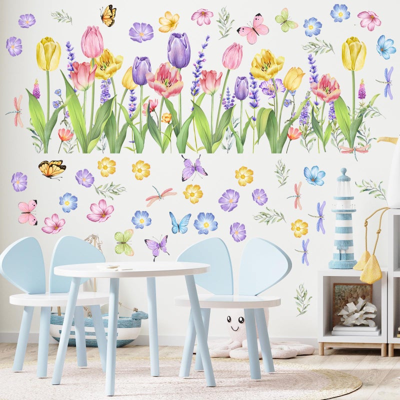 Eersida 6 Sheets Spring Wall Stickers Flower Decals Lavender Tulip Butterfly Spring Flower Wall Clings Art Garden Decorations for Living Room Bedroom Home - Image 5