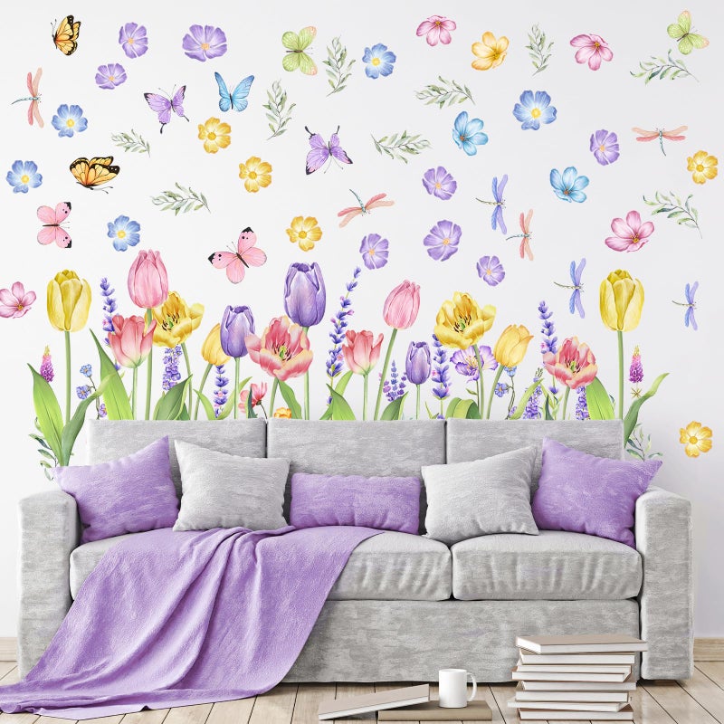 Eersida 6 Sheets Spring Wall Stickers Flower Decals Lavender Tulip Butterfly Spring Flower Wall Clings Art Garden Decorations for Living Room Bedroom Home - Image 4