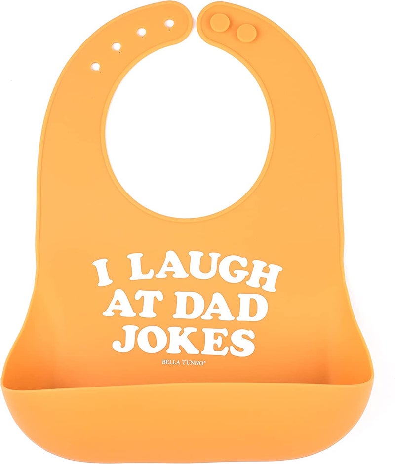 Bella Tunno Wonder Bib - Adjustable Silicone Baby Bibs for Girls & Boys, Durable and Waterproof BPA Free Silicone, I Laugh at Dad Jokes - Image 1
