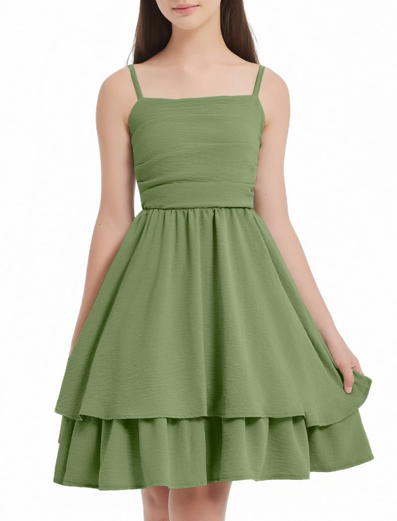 EXARUS Girls Dress Green Teen Easter Church Formal Back to School Homecoming Dance Casual Tween Swing Ruched Flowy Ruffle Summer Spaghetti Strap Adjustable Outfits Dresses Cami for 12 Years - Image 2
