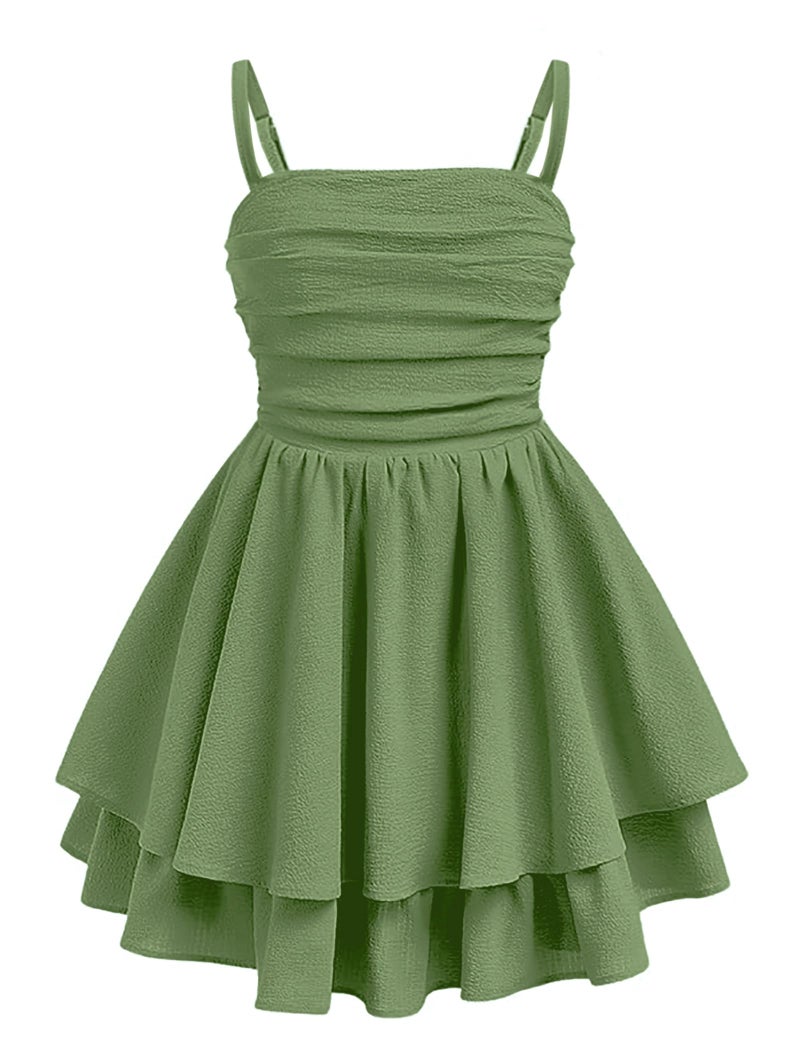 EXARUS Girls Dress Green Teen Easter Church Formal Back to School Homecoming Dance Casual Tween Swing Ruched Flowy Ruffle Summer Spaghetti Strap Adjustable Outfits Dresses Cami for 12 Years - Image 1