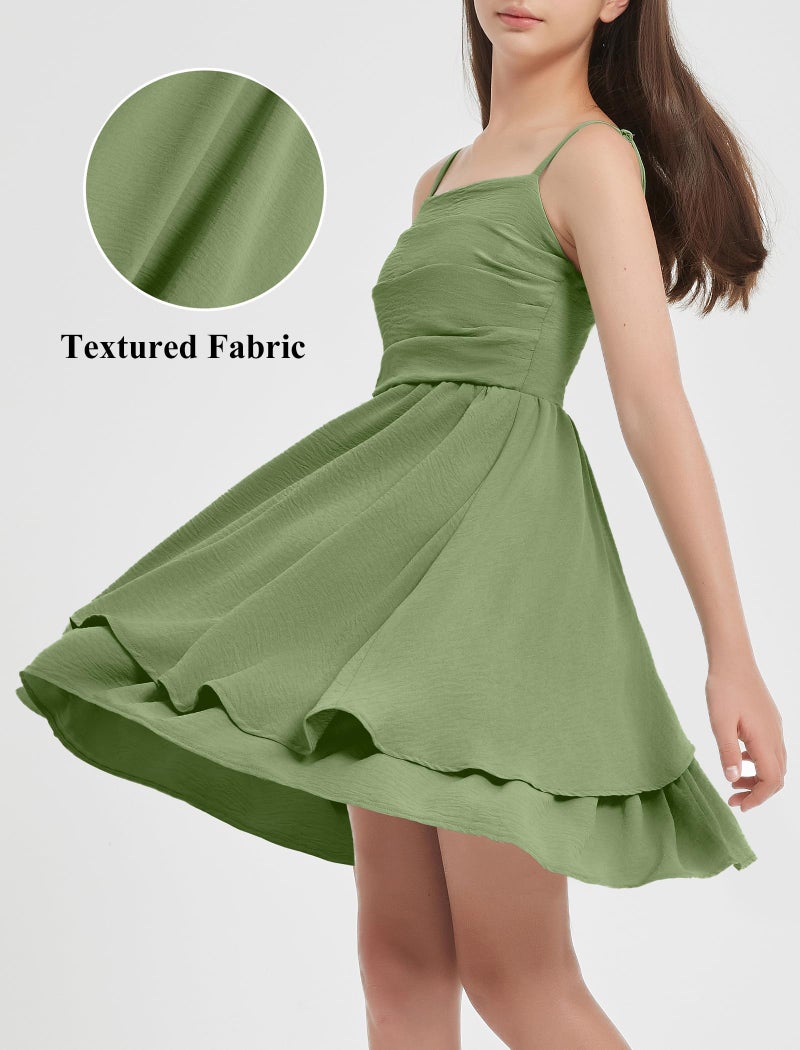 EXARUS Girls Dress Green Teen Easter Church Formal Back to School Homecoming Dance Casual Tween Swing Ruched Flowy Ruffle Summer Spaghetti Strap Adjustable Outfits Dresses Cami for 12 Years - Image 4