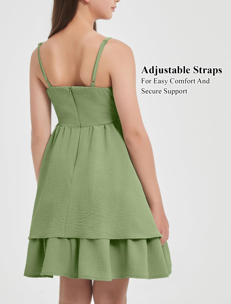 EXARUS Girls Dress Green Teen Easter Church Formal Back to School Homecoming Dance Casual Tween Swing Ruched Flowy Ruffle Summer Spaghetti Strap Adjustable Outfits Dresses Cami for 12 Years - Image 5