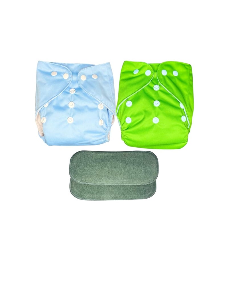 Kogar Reuse Nappy Adjustable Reusable & washable Cloth Diaper with Super Absorbent Insert, 3-36 Months, 2-Pack (Sky & green) - Image 1