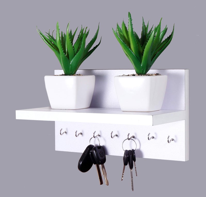 Captiver Engineered Wood Wall Mounted Key Holder with Storage Shelf (7 Hooks, White) Decor Items Display Keychain Hanging Office Organizer - Image 1