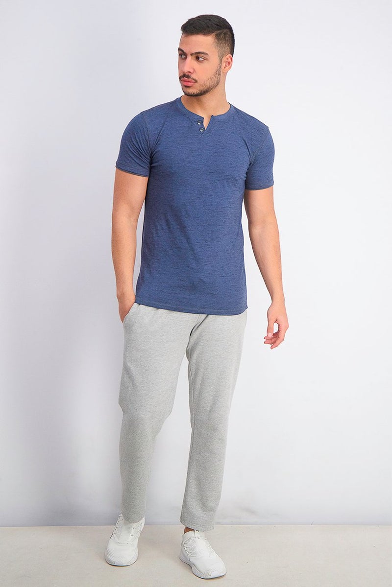 Company Eighty One Men Heather Print Short Sleeve Split Neck T-shirt, Navy - Image 4