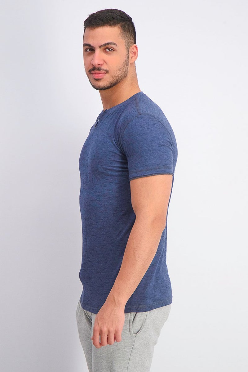 Company Eighty One Men Heather Print Short Sleeve Split Neck T-shirt, Navy - Image 2