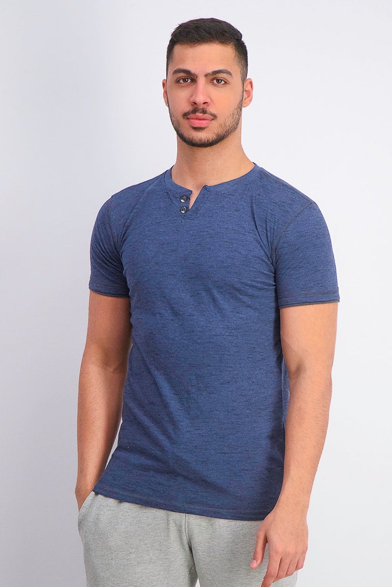 Company Eighty One Men Heather Print Short Sleeve Split Neck T-shirt, Navy - Image 1