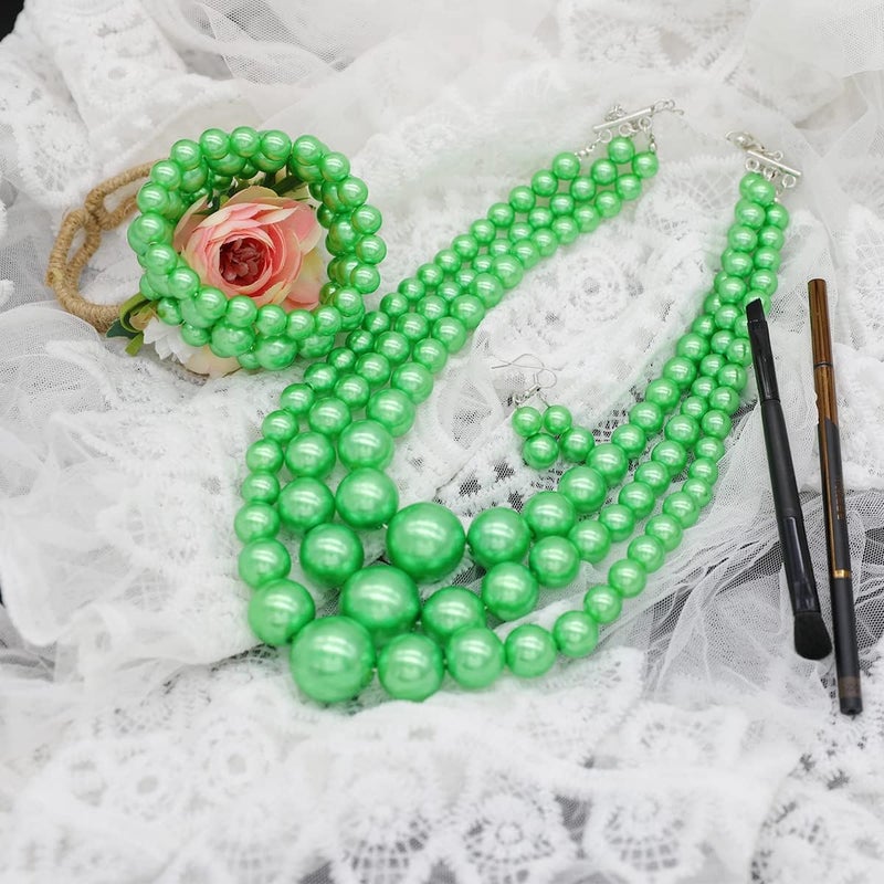 WEWE Imitation Pearl Necklace for Women Large Chunky Pearl Necklaces Multilayer Pearl Necklace and Earring 1920s Costume Jewelry set - Image 4
